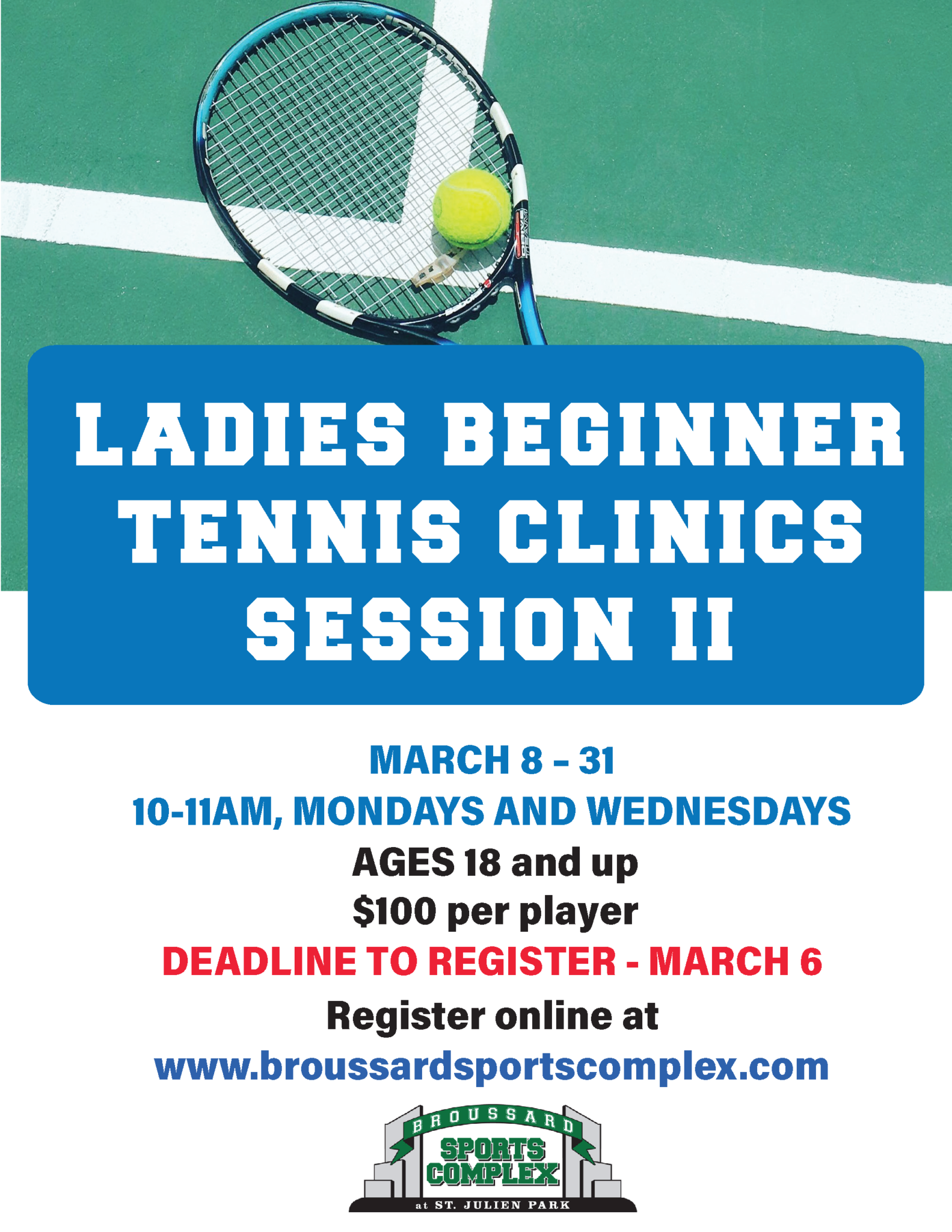 Ladies Beginner Tennis Clinics Session II Broussard Sports Complex